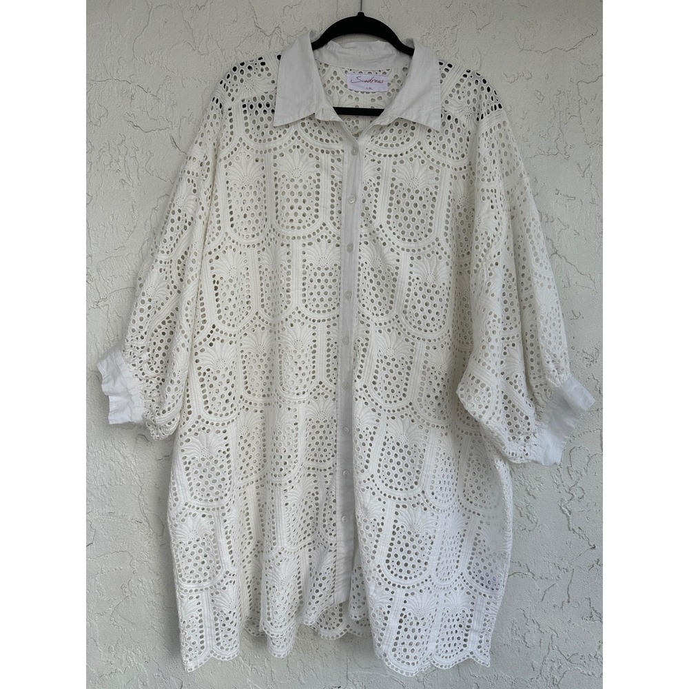 Sundress White Pineapple Eyelet Cotton Oversized Tunic Shirt Cover Up L/XL